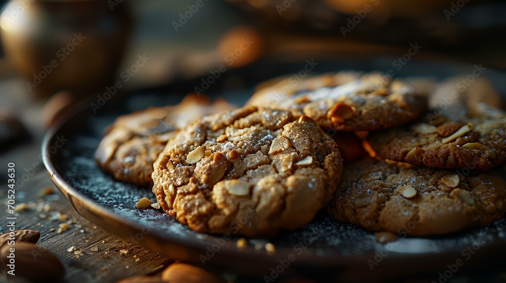 Homemade almond cookies on rustic background, selective focus, close-up Homemade almond cookies on rustic background, selective focus, close-up