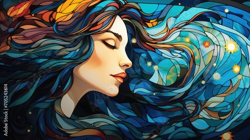 Stained glass window background with colorful beautiful woman abstract.