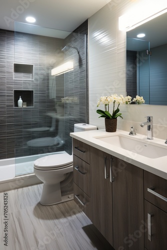 Modern bathroom interior with dark tiled shower and vanity