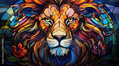 Stained glass window background with colorful Lion abstract.