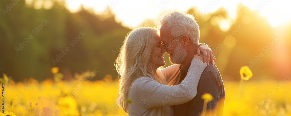 Beautiful senior couple in love outside in spring nature - obrazy, fototapety, plakaty 