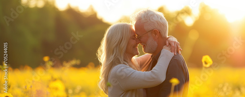 Beautiful senior couple in love outside in spring nature photo