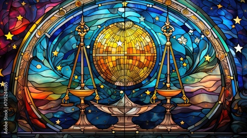 Stained glass window background with colorful scales of justice abstract. photo