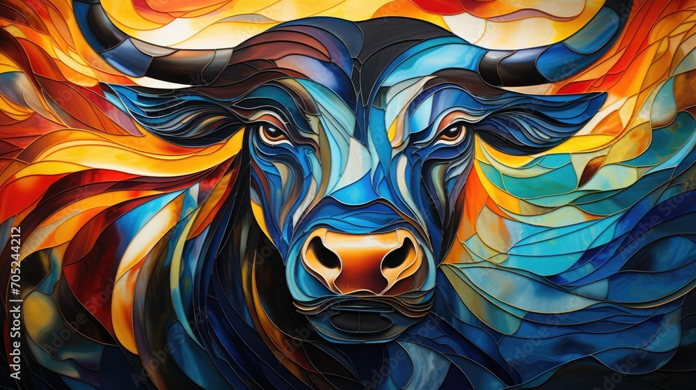 Stained glass window background with abstract of colorful buffalo.