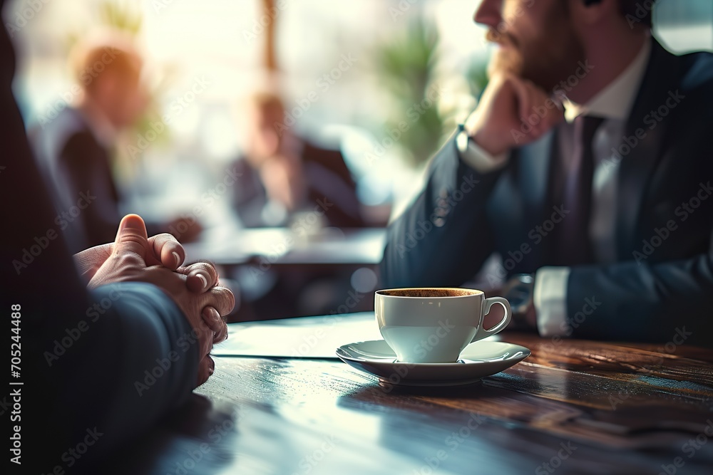 Strategic Collaboration Businessmen Engaged in Discussion in Office, Close-up of Coffee Cup with Blurred Image of Businessman and Investor Seated at Table. created with Generative AI