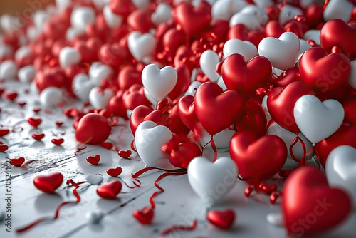 Celebrate Love Valentine s Day Background with Red and White Heart-Shaped Balloons  Creating a Romantic Atmosphere for Holiday Parties and Decorations. created with Generative AI