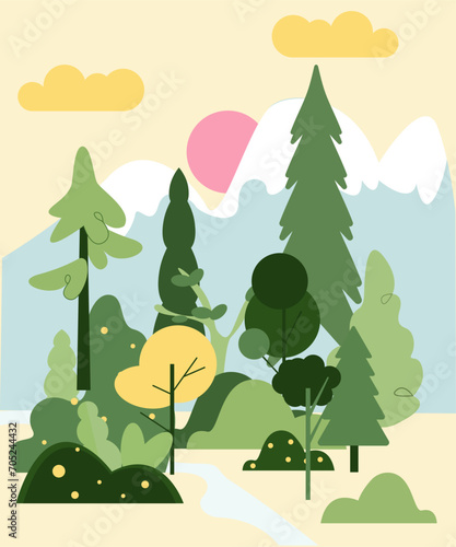 Flat illustration of forest landscape. a variety of trees, bushes, river and mountains. Can be used as a book illustration, as a print, as a background and more. Vector illustration. Flat style.