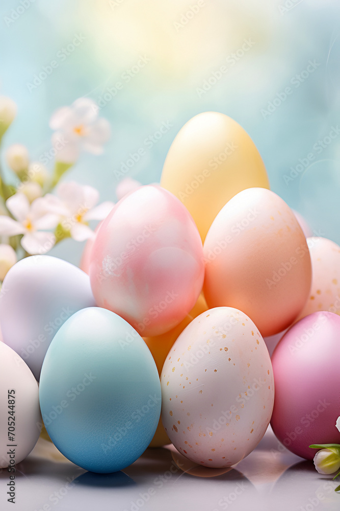 Easter eggs painted in pastel colors on a light blue background with spring flowers. Easter eggs painted in pastel colors on a light blue background with spring flowers.