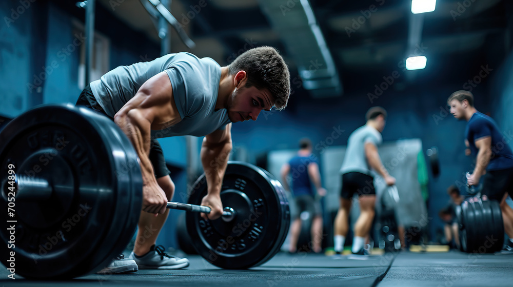 purposeful athletes who are energetically and confidently engaged in training. There are impressive photos of sports achievements, victories and positive emotions of competitions around them. purposeful athletes who are energetically and confidently engaged in training. There are impressive photos of sports achievements, victories and positive emotions of competitions around them.