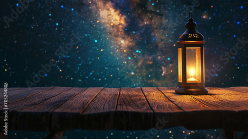 2024 Ramadan Kareem. Wooden board empty table. Ramadan lantern and Muslim lamp sky background. Copy paste area for texture photo