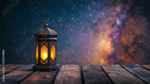 2024 Ramadan Kareem. Wooden board empty table. Ramadan lantern and Muslim lamp sky background. Copy paste area for texture