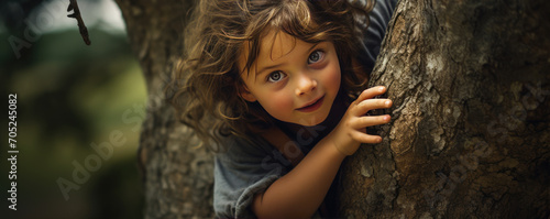 Young smal girl climbs at old tree. copy space for text. photo