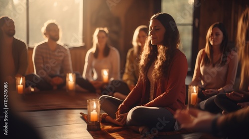 Meditation group in a circle with candles
