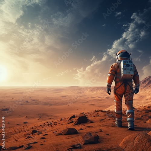 Astronaut in a spacesuit walking on the surface of Mars