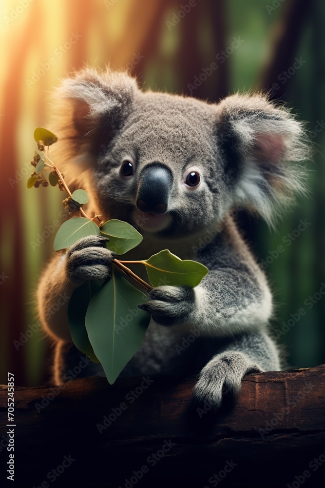 Obraz premium illustration of a cute koala eating on the branch of a tree in the forest