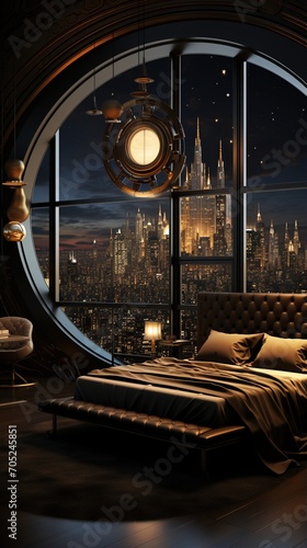 Luxury bedroom interior with a city view at night