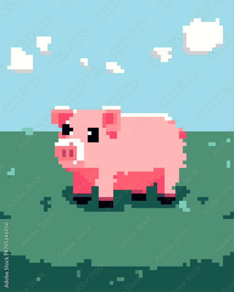 Happy pig on a farm pixel art animated illustration