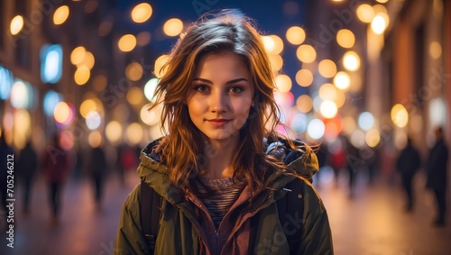 Girl in the street at night blurred background lights 