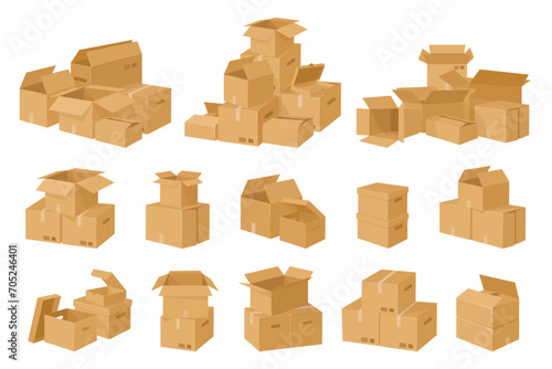 Cardboard boxes stack. Carton delivery packages pile, warehouse storage parcels, stacked cargo shipping cardboard boxes flat vector illustration set. Parcels pile collection photo