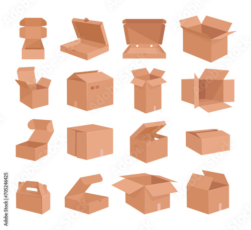 Carton delivery boxes. Cardboard boxes, open and closed shipping package, parcel delivery boxes flat vector illustration set. Brown cardboard box collection