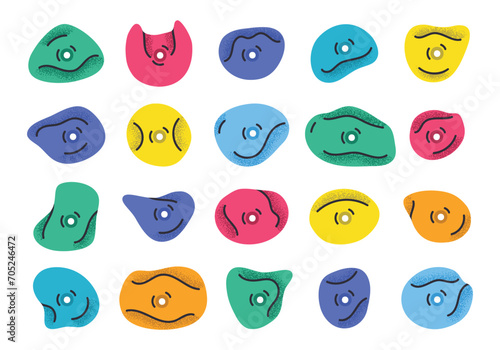 Alpinism climbing wall hooks. Сlimbing grips, multicolored holds for rock climbing walls, alpinism training crimps flat vector illustration set. Plastic grippers for climbing