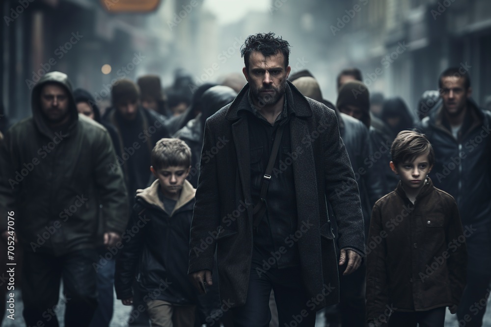 man in a bad mood walking with some children among the people man in a bad mood walking with some children among the people