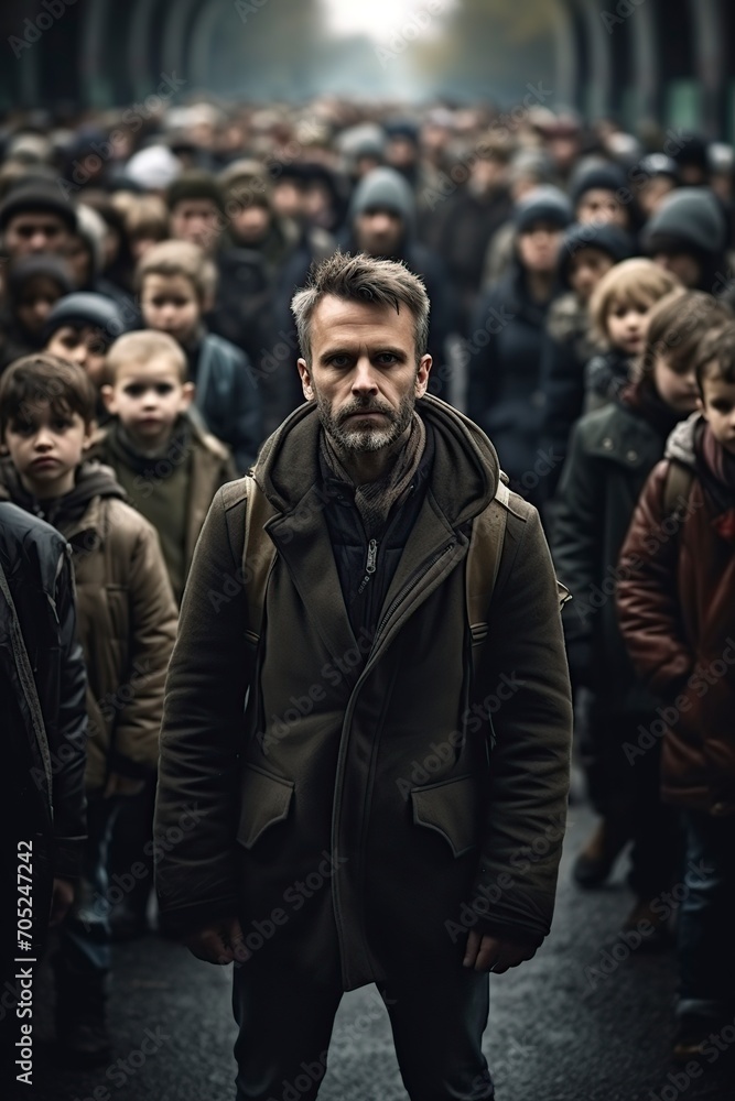 man in a bad mood walking with some children among the people man in a bad mood walking with some children among the people