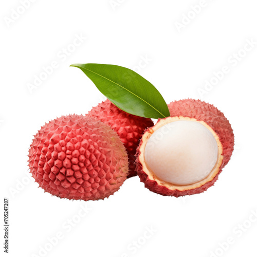 fresh organic lychee cut in half sliced with leaves isolated on white background with clipping path