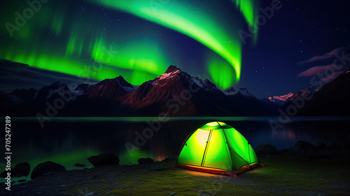 Camping at night in the mountains under an Aurora Borealis