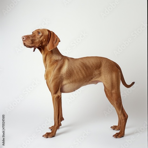 a standing female Vizsla dog on a pure white featureless background