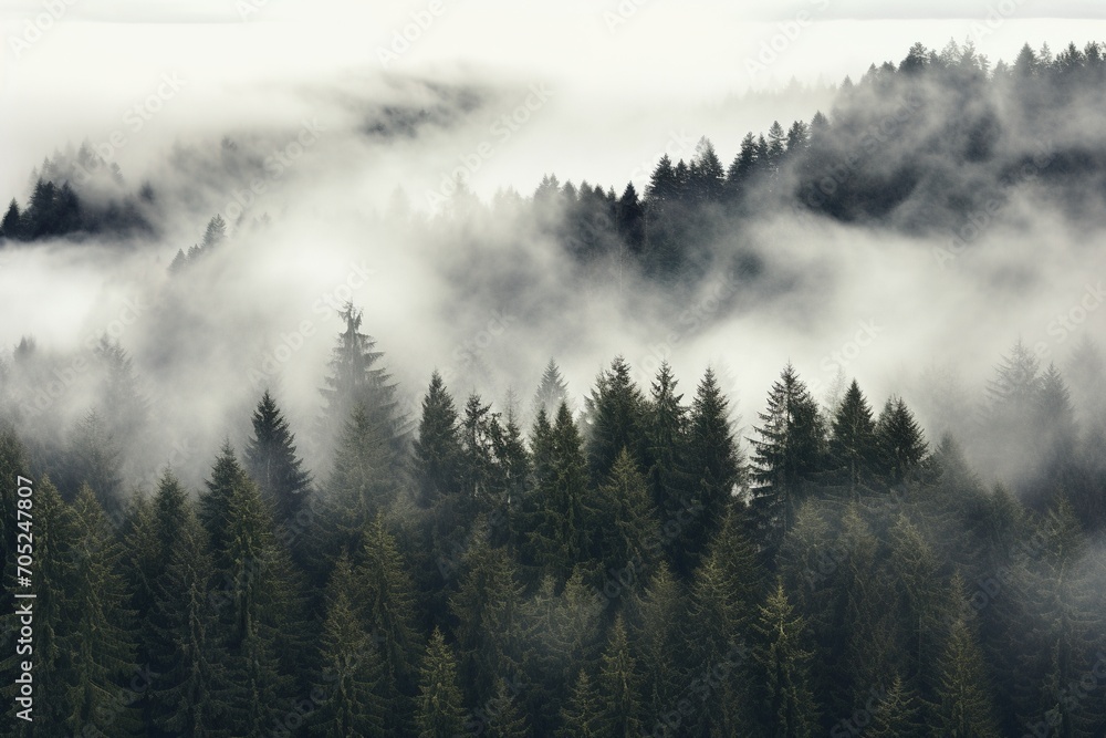 Misty Mountains and Foggy Forest Landscape