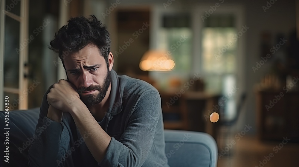A man is sitting in his home's living room, feeling sad and exhausted from work. A man is sitting in his home's living room, feeling sad and exhausted from work.