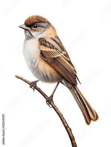 Close up of a songbird sitting on a branch, white background 