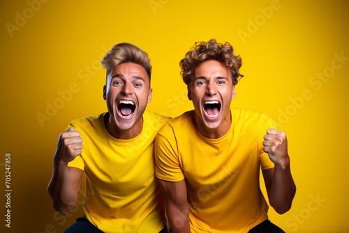crazy friends in a yellow t-shirt sitting on the couch