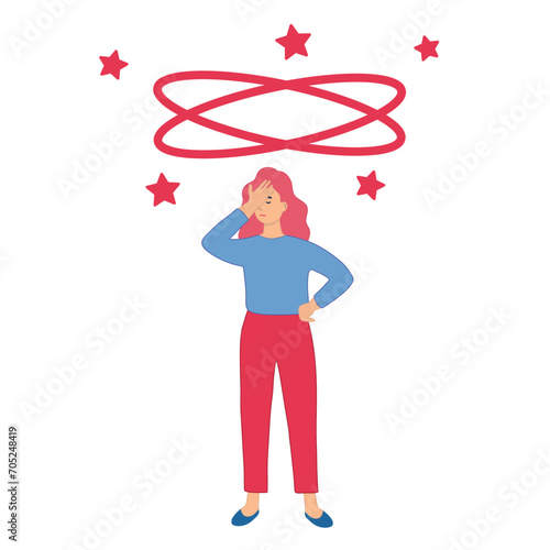 The sick person suffers from dizziness, confusion, dizziness and headache. Flat vector illustration for stress, disease symptoms, migraine, hangover