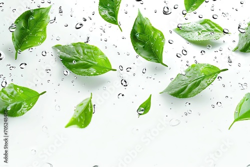 Levitating Green Elegance Captivating Image of Vividly Flying Green Tea Leaves with Water Drops, Isolated on White, Embodies the Whimsical Concept of Food Levitation. created with Generative AI