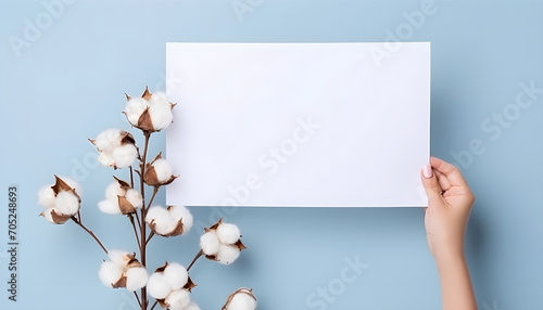 Cotton branch with woman hands holding empty blank card. Minimal composition from natural cotton flowers for design, blogging or branding in flat lay style