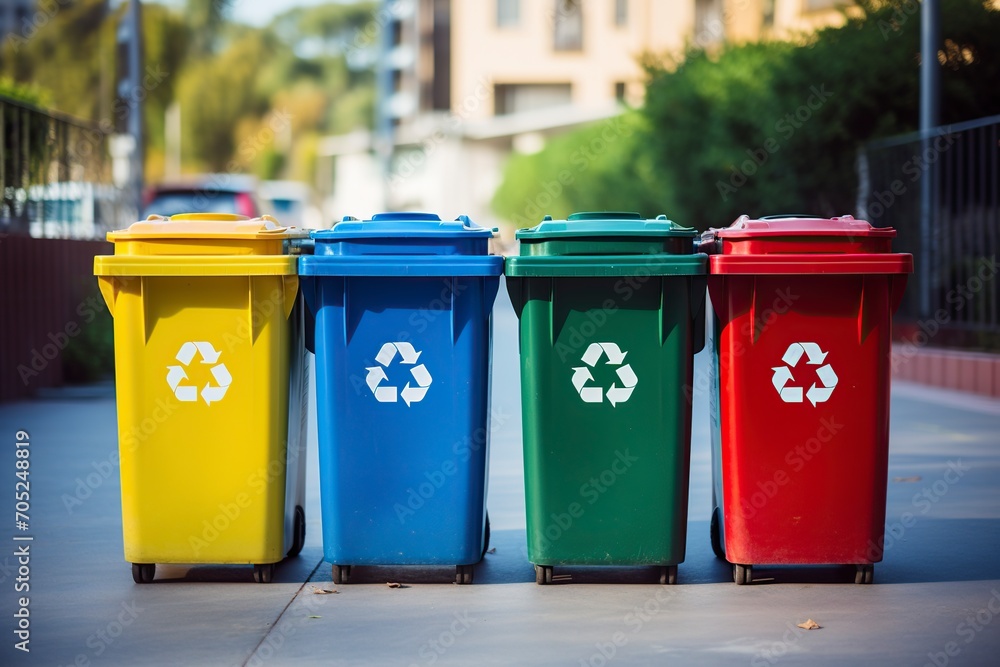 collection of recycling containers in yellow, green, blue and red collection of recycling containers in yellow, green, blue and red