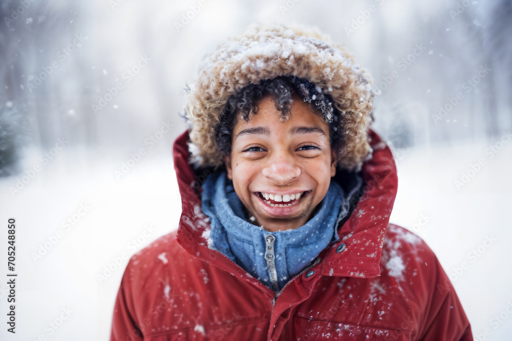 Joyful Boy in Snowfall with Winter Jacket. Generative AI Joyful Boy in Snowfall with Winter Jacket. Generative AI