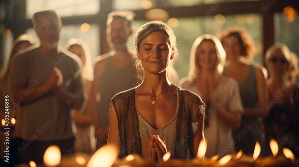 A group of diverse people praying together in a yoga studio A group of diverse people praying together in a yoga studio