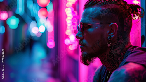 A man with tattoos and a fashionable haircut  surrounded by neon lights  creating an atmosphere of
