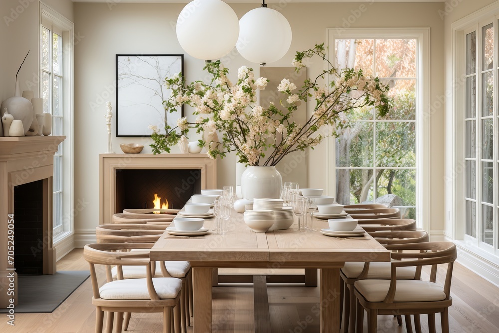 Cream and Wood Dining Room with Fireplace