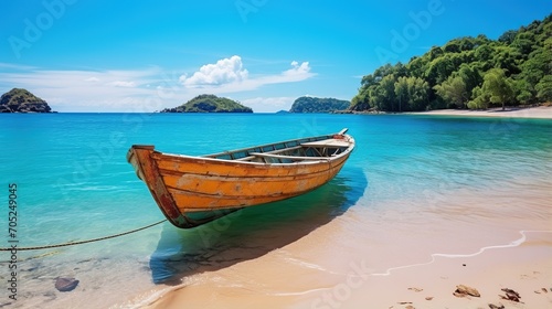 A wooden boat sits on a beach with the ocean in the background,