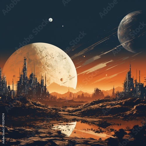 Futuristic cityscape with large moon and distant planet