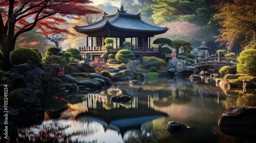 A temple and pond in asia that is peaceful