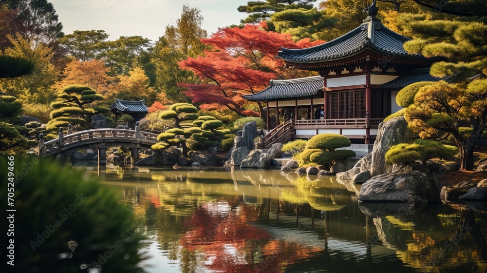 Obraz premium A temple and pond in asia that is peaceful