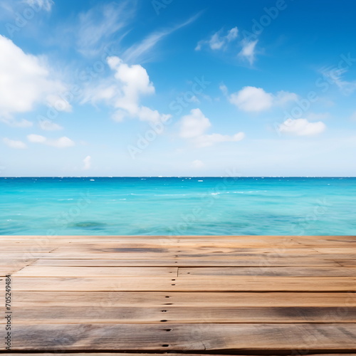 Wooden dock over calm blue ocean waters under partly cloudy sky © duyina1990