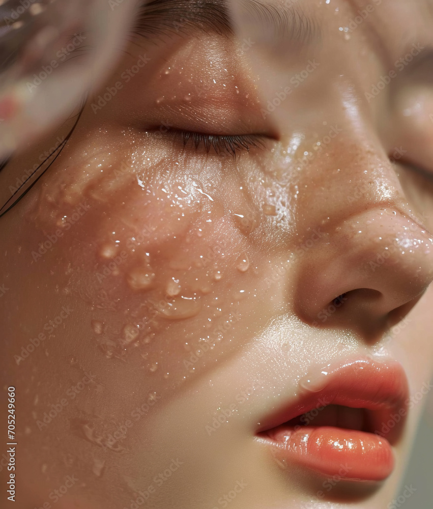 Portrait of beautiful natural Asian woman with dewy wet skin - obrazy, fototapety, plakaty 