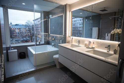 Modern bathroom interior with large bathtub and double vanity