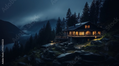 A wooden house in the mountains at night